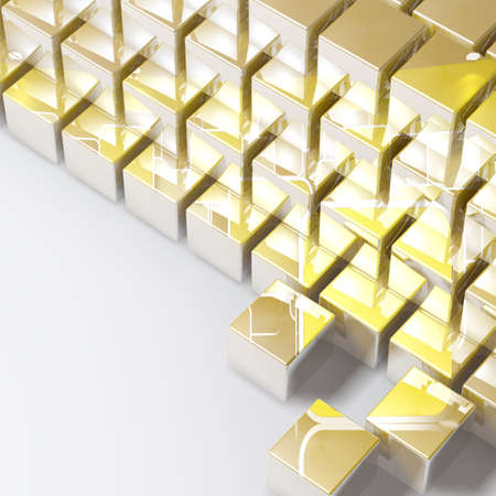 Abstract golden cubes on white background, ideal for business and industrial background の写真素材