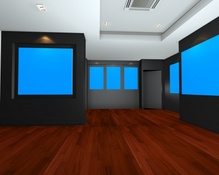 Empty room interior art gallery with blue chromakey canvas frame on black wall , 3d art gallery, animation, banner, clean space, presentationの写真素材