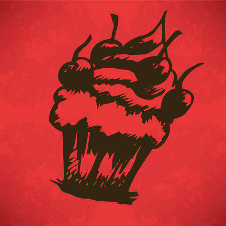 Cup Cake Hand drawn outline artwork on red grunge background, Vector Eps10のイラスト素材