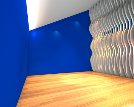 Abstract blue empty room with wave wall and decorated with wooden floors 