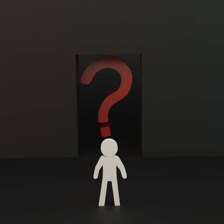 Person with red question mark at door on black background, 3d people conceptの写真素材