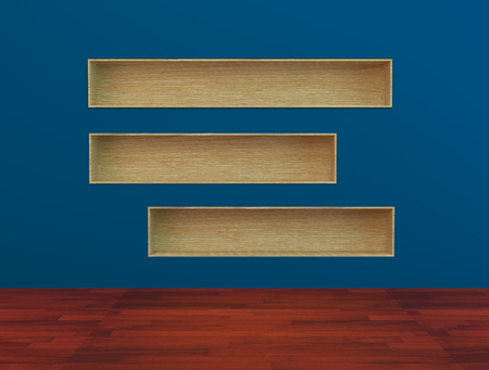 Wood book Shelf built-in  wall on blue Background and wooden floorの写真素材