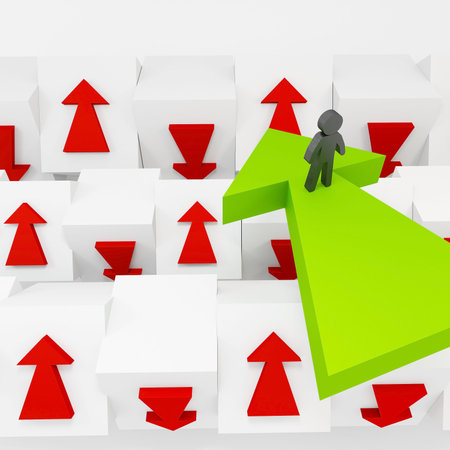 Person on Corridor Green Arrow, 3d people conceptの写真素材