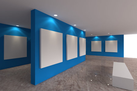 Empty room interior with white canvas on blue wall in the gallery