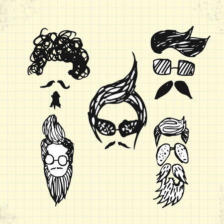 Doodle Hipster Hair Style on Paper, Vector Drawingのイラスト素材
