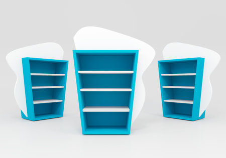 Blue Shelves with Curved white Label design on white background の写真素材