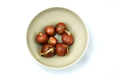 Shallot in bowl isolate on white backgroundの写真素材