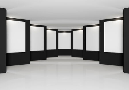 Empty room interior with white canvas on black wall in the galleryの写真素材