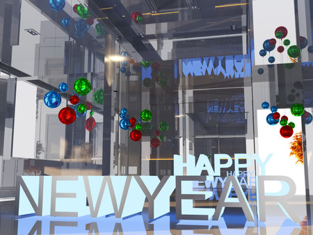 Happy new year blue light 3D text on empty room background
