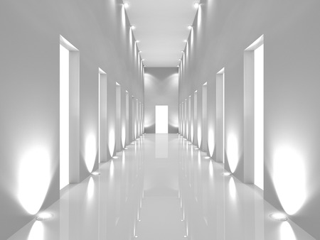 Illuminated long corridor in modern office building, Light exitの写真素材