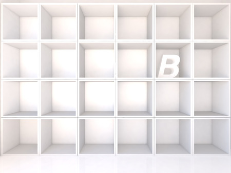 Empty white shelves with Alphabet B on white background, 3D Illustratorの写真素材