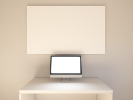 Workspace mockup with closeup of blank white computer screen on empty white room, 3D Rendering