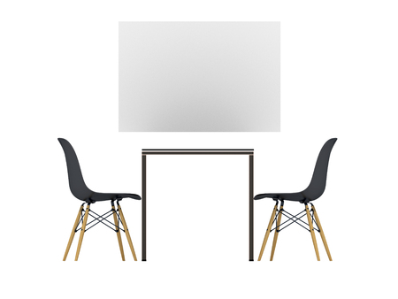 Table and chair with blank white frame. Furniture for home and office. Isolated object on a white background. Flat design. 3D Illustrationの写真素材