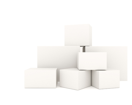 Empty white boxes stacked on white background. Put the picture on the white box to promote the product. 3D Renderingの写真素材