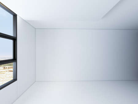 Empty room interior with black glass aluminium, white ceiling and wall with city view. Mock up, 3D Renderingの写真素材