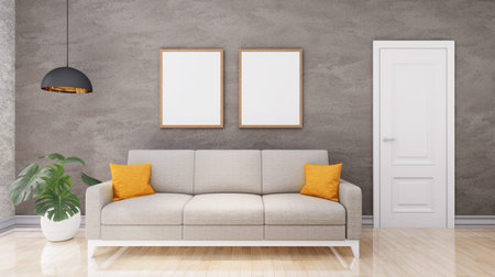 Stylish interior design of empty room with mock up poster frame on the color wall. Template. Home...