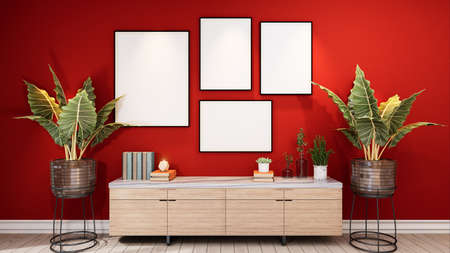 Stylish interior design of dining room with table chair, tropical plant in ceramic pot, Mock up poster frame on the ginger color wall. Template. Home decor. 3D Renderingの写真素材