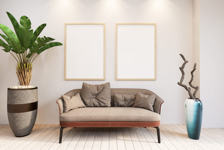 Stylish interior design of living room with sofa, tropical plant in ceramic pot, Mock up poster...