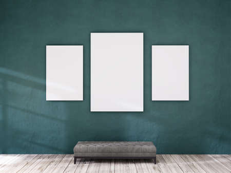 Empty room with antique wooden floors and painted walls holds a photo frame. 3D renderingの写真素材