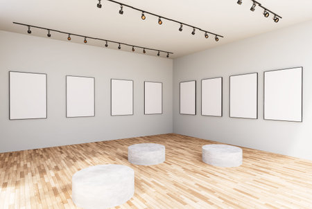 Framed photos in an empty room in Gallery, Virtual Museum, display as a futuristic streaming media...