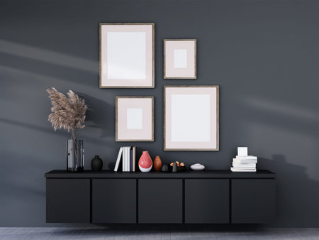 Mock up poster frame in modern interior background, living room, cabinets installed on the wall float above the ground. On top of that, there are decorations., Scandinavian style, 3D renderingの写真素材