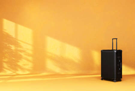 Black luggage on yellow background for transportation travel. 3D Renderingの写真素材