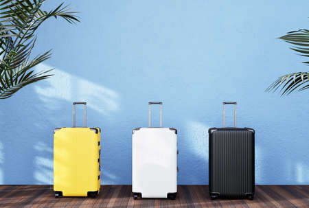 Color luggage or baggage bag on blue background for transportation travel. 3D Renderingの写真素材