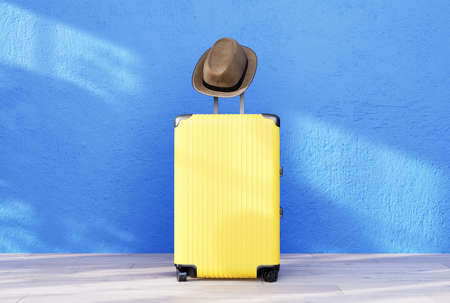 Black color luggage or baggage bag on blue background for transportation travel. 3D Renderingの写真素材