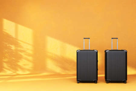 Black luggage on yellow background for transportation travel. 3D Renderingの写真素材