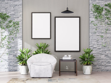Mock up poster frame in modern interior background, living room, there are decorations.,...