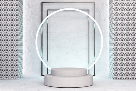 Product presentation podium with abstract background and bright neon. 3d rendering