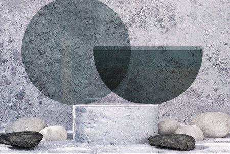 Product presentation podium with abstract background and stones among which grass grows. 3d renderingの写真素材