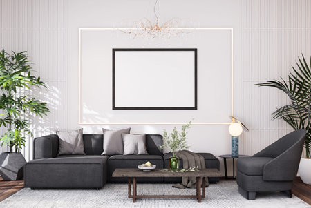 Mock up poster frame in modern interior background, living room, there are decorations.,...
