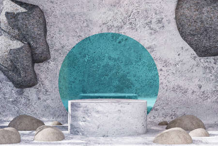 Podium product display stand with stones on abstract background and circular, smooth stained glass. 3D renderingの写真素材