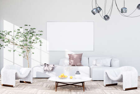 Mock up poster frame in modern interior background, living room, there are decorations., Scandinavian style, 3D renderingの写真素材