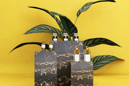 Mockup skin care product ads with tropical leaves on a marble stone backgroundの写真素材