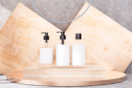 Mockup skin care product ads with tropical leaves on a marble stone background