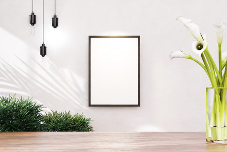 Wood table background with sunlight window create leaf shadow on wall with blur indoor green plant...