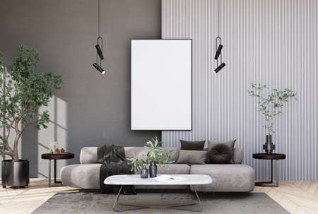 mock up poster frame in modern interior fully furnished rooms background, living room, Scandinavian style, 3D renderingの写真素材
