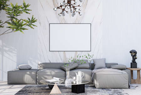mock up poster frame in modern interior fully furnished rooms background, living room, 3D renderingの写真素材