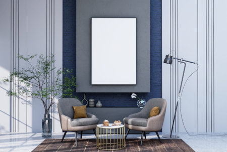 mock up poster frame in modern interior fully furnished rooms background, living room, 3D rendering