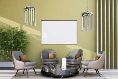 mock up poster frame in modern interior fully furnished rooms background, living room, 3D rendering