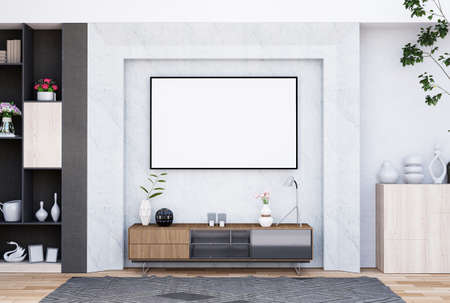 mock up poster frame in modern interior fully furnished rooms background, living room, 3D renderingの写真素材