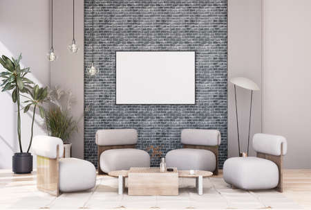 mock up poster frame in modern interior fully furnished rooms background, living room, 3D renderingの写真素材