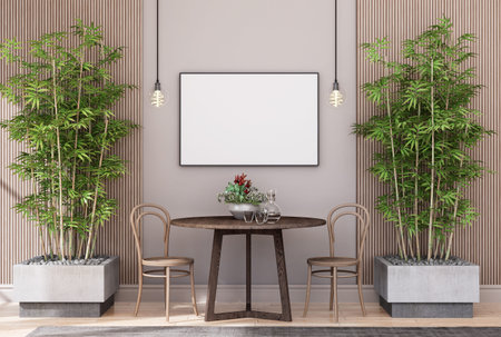 mock up poster frame in tropical interior fully furnished rooms background, Cafe, Dining room,, 3D...