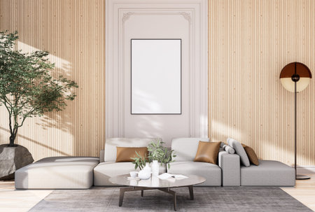 mock up poster frame in modern interior fully furnished rooms background, living room, 3D rendering