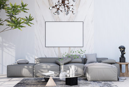 mock up poster frame in modern interior fully furnished rooms background, living room, 3D rendering