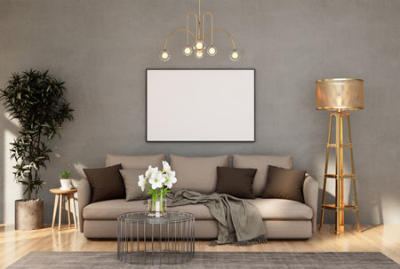 mock up poster frame in modern interior fully furnished rooms background, living room, 3D renderingの写真素材