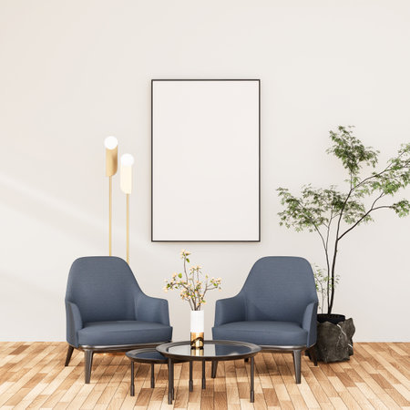 mock up poster frame in modern interior fully furnished rooms background, living room, 3D renderingの写真素材