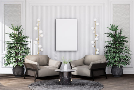 mock up poster frame in modern interior fully furnished rooms background, living room, 3D rendering